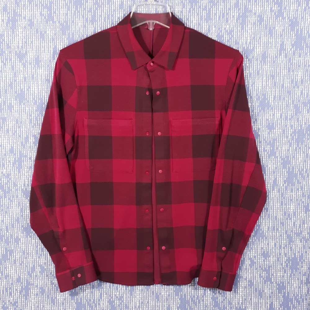 Lululemon Button Up Shirt Mens Medium Outdoor Buffalo Plaid Flannel Fuchsia